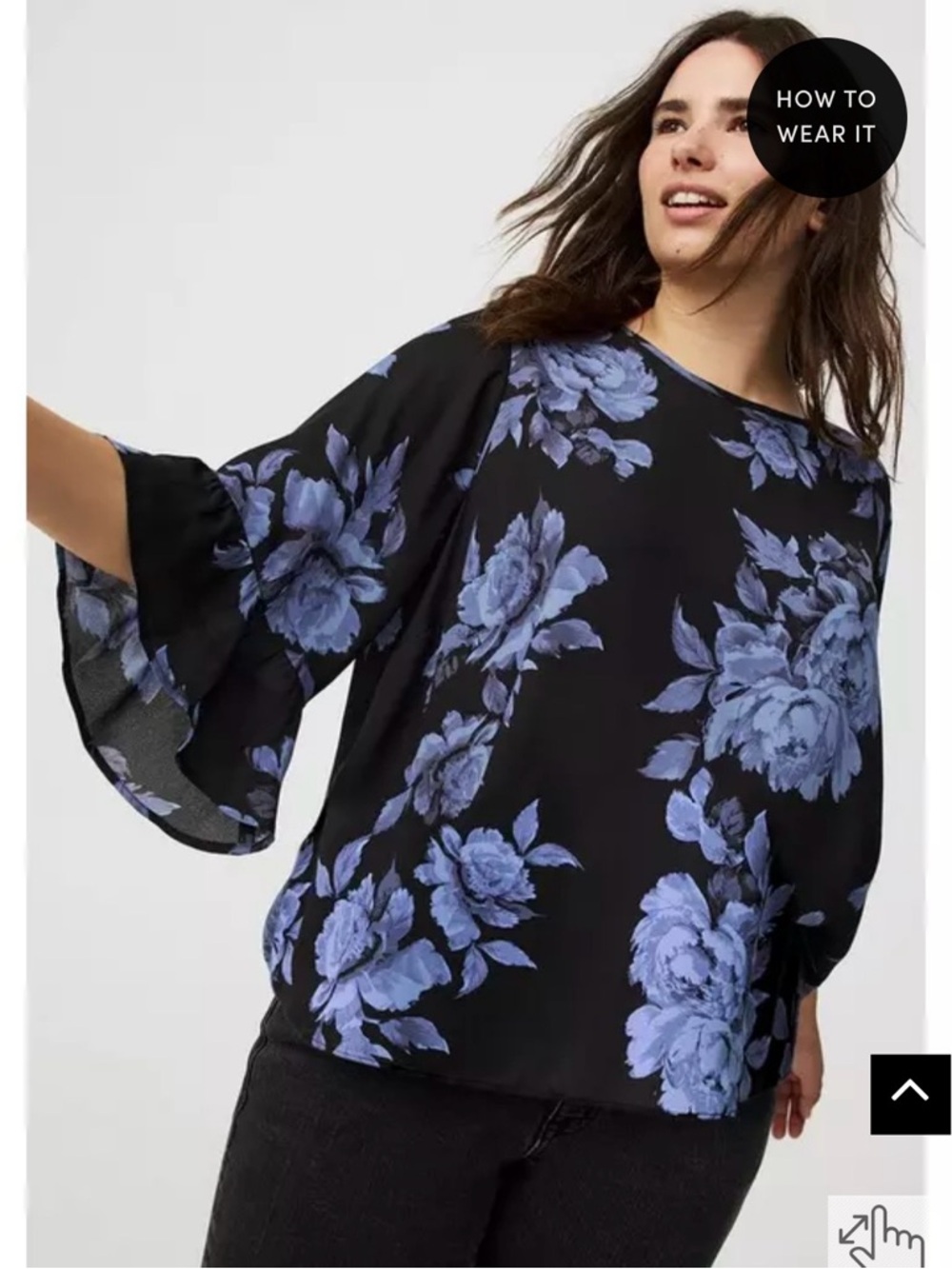 torrid Black Blouse with Blue Floral Bell Sleeves
